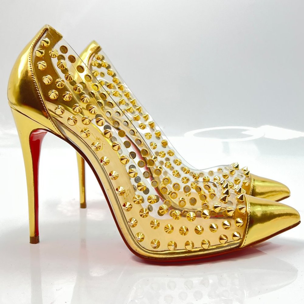 Christian Louboutin Spike Me PVC Spikes Gold Pumps Euro 38.5